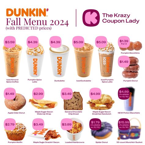 The Krazy Coupon Lady | Dunkin’s fall menu is HERE 😍🍂☕ Share this post with your friends who love Dunkin’. Click the LINK IN BIO for details on the menu AND the… | Instagram Dunkin Donuts Food Order, Dunkin Fall Menu 2024, Fall Dunkin Orders, Dunkin Hot Coffee Order, Dunkin Fall Drinks, Dunkin Coffee Order Ideas, Dunkin Recipes, Donkin Donuts, Dunkin Orders