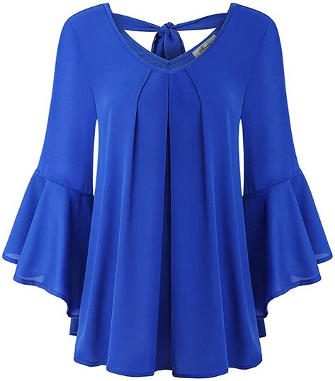 JCZHWQU Women's Cute V Neck 3/4 Bell Sleeve Pleated Front Chiffon Blouse at Amazon Women’s Clothing store Pleated Chiffon Blouse, Blouse Simple, Long Sleeve Chiffon Shirt, Steampunk Stuff, Spring Blouse, Cute V, Chiffon Tops Blouses, Chiffon Blouses, Spring Blouses