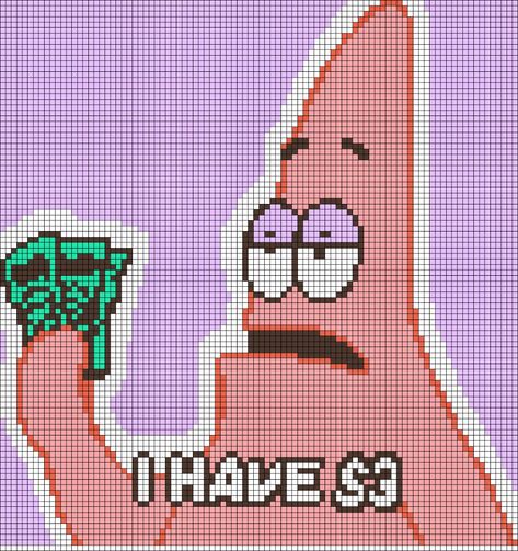 Cartoon Alpha Pattern, Alpha Patterns Funny, Spongebob Alpha Pattern, Spongebob Crochet Pattern, Alpha Pattern Disney, Spongebob Cross Stitch, Alpha Patterns Pixel Art, Meme Money, Pixel Art Funny