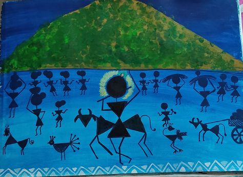 Easy warli art depicting one of the amazing act of Lord Krishna " The lifting of Govardhana mountain to save all the living beings" Warli Art For Kids, Krishna Story, Painting Crafts For Kids, Warli Paintings, Worli Painting, Warli Painting, Warli Art, Art Poster Design, Sketches Simple