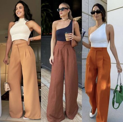 Fashion Lawyer, Tailor Clothes, Rust Pants, Satin Pants Outfit, Outfit Pantalon, Wide Leg Pants Outfit, Fashionable Work Outfit, Colour Combinations Fashion, Mode Hippie