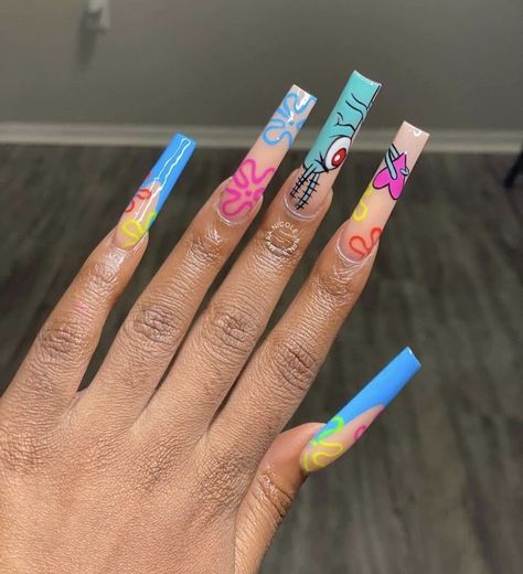 twitter @zaniia_ Spongebob Nails, Unique Nail Art, Drip Nails, Dope Nail Designs, Exotic Nails, Long Acrylic Nails Coffin, Acrylic Nails Coffin Pink, Unique Acrylic Nails, Long Square Acrylic Nails