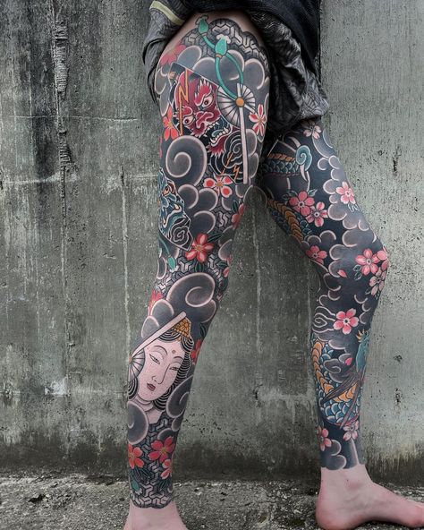 Traditional Japanese Tattoo Leg Sleeve, Japan Leg Tattoo, Irezumi Leg Sleeve, Leg Japanese Tattoo, Japanese Tattoo Art Leg, Japanese Yokai Tattoo, Tattoo Prep, Japanese Leg Sleeve, Traditional Japanese Tattoo Sleeve