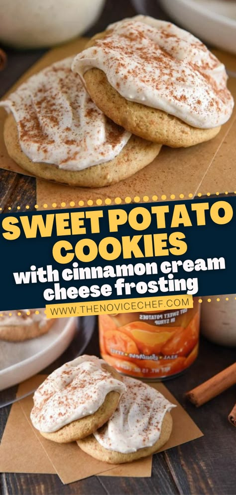 This Thanksgiving dessert is even better than pumpkin! Thanks to canned yams, this recipe is easy to whip up. Topped with a thick layer of Cinnamon Cream Cheese Frosting, these pillowy soft, fluffy, spiced Sweet Potato Cookies are the best! Save this recipe and try it! Can Yams Recipe, Easy Dessert For A Crowd, Canned Sweet Potato Recipes, Sweet Potato Dessert Recipes, Fluffy Cookies, Potato Party, Cookies With Cinnamon, Potato Cookies, Super Easy Dessert