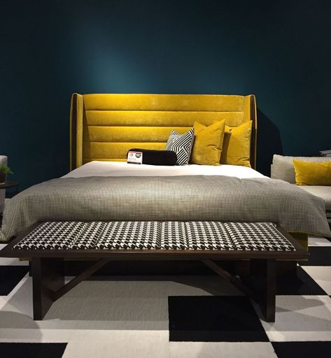 Stylish 20+ Incredible Headboard Design For Your Bedroom Inspiration Yellow Headboard Bedroom Ideas, Houndstooth Bedding, Mustard Bed, Mustard Yellow Bedroom, Headboard Bedroom Ideas, Yellow Headboard, Yellow Bed, Mustard Bedding, Headboard Bedroom