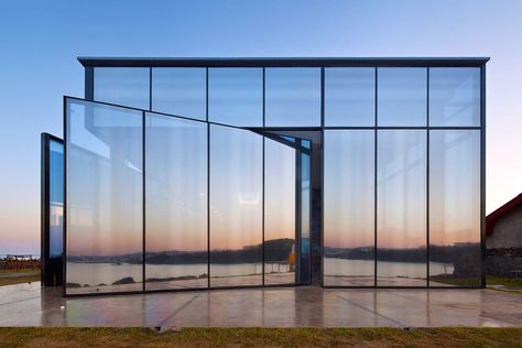 Volcanic Stone Wall, Glass Curtain Wall, Glass Curtain, Glass Building, Mirror House, Volcanic Stone, Pivot Doors, Jeju Island, Glass Facades