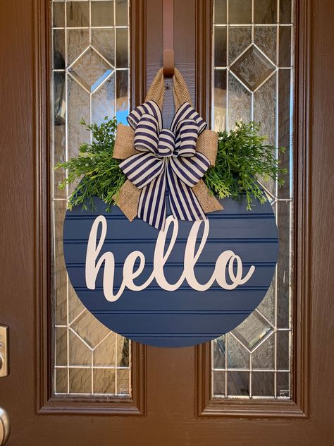 Blue Shiplap, Navy Bathroom Decor, Summer Wood Sign, Farmhouse Door Hanger, Wreath Eucalyptus, Front Door Hanger, Fall Wood Signs, Farmhouse Door, Wood Wreath