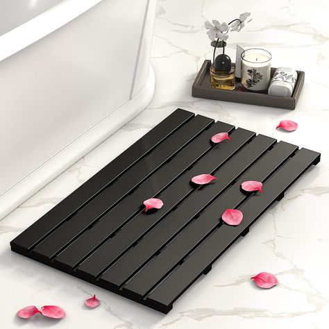 Domax Wooden Bamboo Bath Shower Mat- Non-Slip Waterproof Large Bathroom Floor Mat for Indoor Outdoor (Black, 31.3 x 18.1 x 1.5 Inches) Bamboo Shower Mat, Wood Bath Mats, Bamboo Bath Mat, Large Bathtub, Black Bath Mat, Bathroom Bathtub, Bathtub Tray, Large Bathroom, Tub Mat