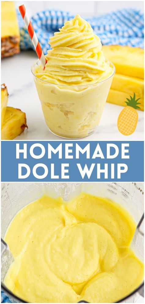 Craving Dole Whip but can't make it to Disney? Make it at home with only 4 ingredients and a blender! You are going to love this creamy tropical frozen treat! How To Make Dole Whip, Homemade Dole Whip, Orange Whip, Dole Whip Disney, Ninja Creamy, Fake Ginger, Dole Whip Recipe, Disney Desserts, Disney Recipes