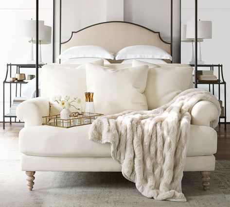 Faux Fur Ruched Throws Taupe Bedroom, Gray Couch, Metal Canopy Bed, Blush Pillows, Upholstered Chaise, Apartment Sofa, Hello Lovely, Canopy Bed, Room Planner