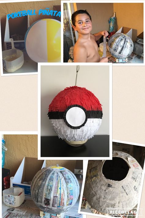 How to make a Pokeball Piñata for a Pokemon birthday party. How said piñatas are only fun for the kids? My son and I had a lot of fun during the piñata making. It was very simple to make (the paper machê I used was 1 part of white flour to 1 part of water) and durable. After watching a few videos on YouTube we decided to make 6 layers of paper. I feel that it was a good amount to outlast 10 year old boy's hit. Pokemon Themed Party, Piñata Ideas, Pokemon Ball, Pokemon Craft, Pokemon Birthday Party, Pokemon Theme, Pokemon Party, Pokemon Birthday, 6th Birthday Parties