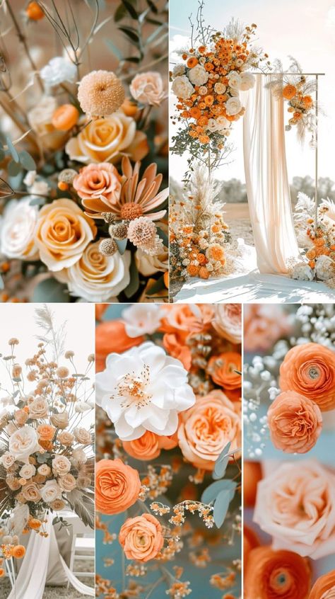 Blue Wedding Theme Ideas, Beach Wedding Color Palette, Sunset Wedding Colors, Beach Wedding Colors Schemes, August Wedding Colors, Apricot Wedding, Tangerine Wedding, Blue Wedding Theme, Wedding Color Schemes Blue