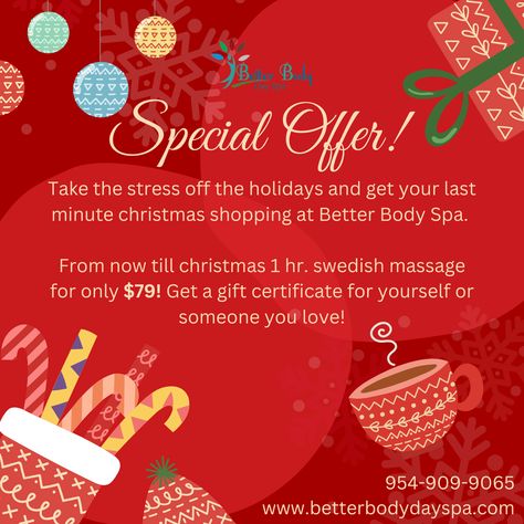 Special offer!!! Right now our 1 hour swedish massage is on sale for only $79! Purchase a gift certificate for you and a loved one this holiday season! Give us a call at 954-909-9065 to schedule an appointment today! #massage #spa #fortlauderdale Holiday Massage Specials, Christmas Massage Specials, Christmas Massage, Massage Gift Certificate, Massage Quotes, Therapy Business, Spa Specials, Massage Therapy Business, Basic Art