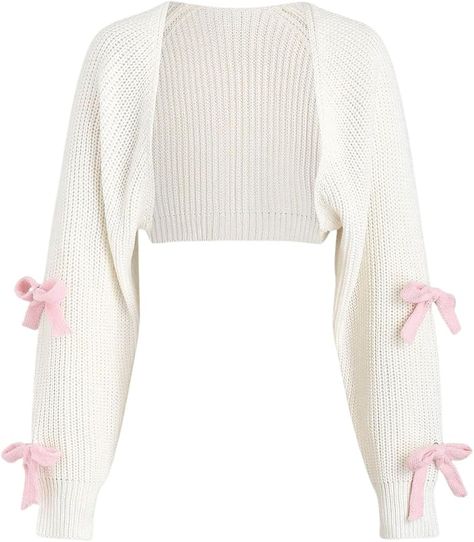 SHENHE Women's Open Front Ribbed Knit Bow Cute Cropped Cardigan Bolero Sweater Shrug White Long Sleeve Cardigan, Bow Cardigan, White Shrug, Sweater Shrug, Knit Bow, Bolero Sweater, Pink Bow Tie, Knit Shrug, Bow Sweater