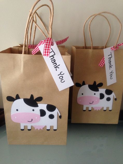 Cow Gift Bags, Farm Theme Gift Bags, Cow Themed Goodie Bags, Cow Candy Bags, Cow Party Favors, Pink Barnyard Party, Cow Baby Shower Invitations, Birthday Treat Bags, Cow Birthday Parties