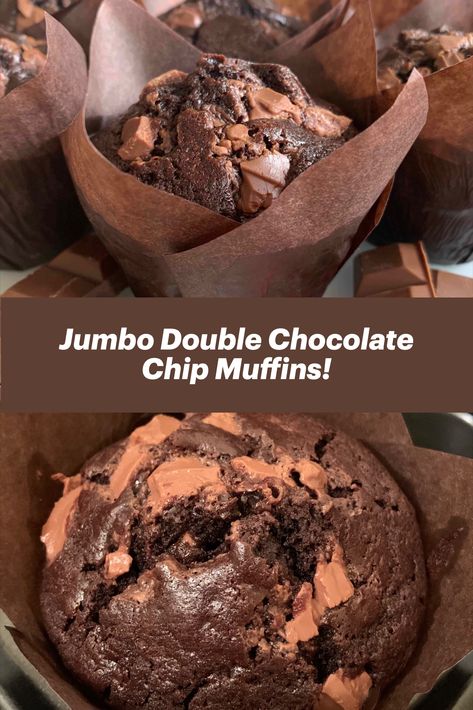 Jumbo Double Chocolate Chip Muffins, Jumbo Double Chocolate Muffins, Giant Chocolate Chip Muffins, Large Chocolate Chip Muffins, Jumbo Chocolate Muffins, Giant Muffins Recipe, Big Muffins Recipe, Chocolate Muffin Recipes, Jumbo Chocolate Chip Muffins