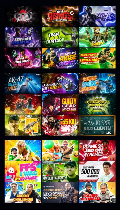 Here features a collection of my best youtube thumbnail designs that I have created for a variety of content creators, organizations, streamers etc. I hope that you enjoy them. Fonts For Youtube Thumbnail, Csgo Thumbnail, Game Shop Design, Photoshop Thumbnail, Thumbnail Design Ideas, Best Youtube Thumbnail, Thumbnail Inspiration, Fortnite Thumbnails, Gaming Thumbnail