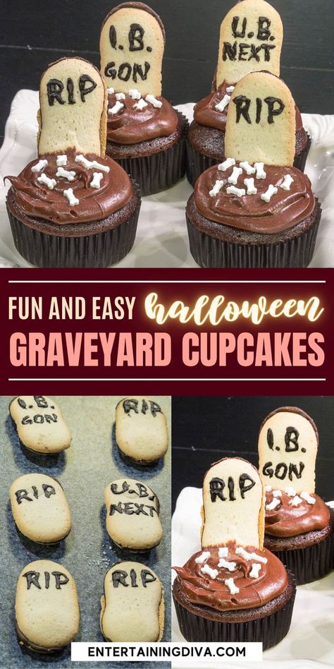 Fun And Easy Halloween Graveyard Cupcakes Graveyard Cupcakes Halloween, Graveyard Cupcakes, Graveyard Halloween, Cupcakes Halloween, Potluck Dinner, Halloween Graveyard, Spooky Halloween Party, Bread Appetizers, Spooky Halloween Decorations