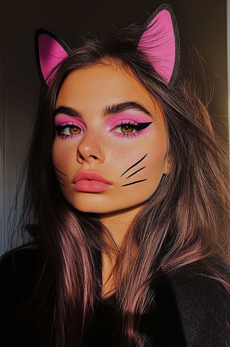 Pink Panther Halloween Makeup Look Kitty Costume Makeup, Pink Panther Makeup Halloween, Cartoon Halloween Makeup, Pink Cat Makeup, Panther Face Paint, Halloween Makeup Pink, Pink Panther Makeup, Pink Costume Ideas, Pink Hair Costume