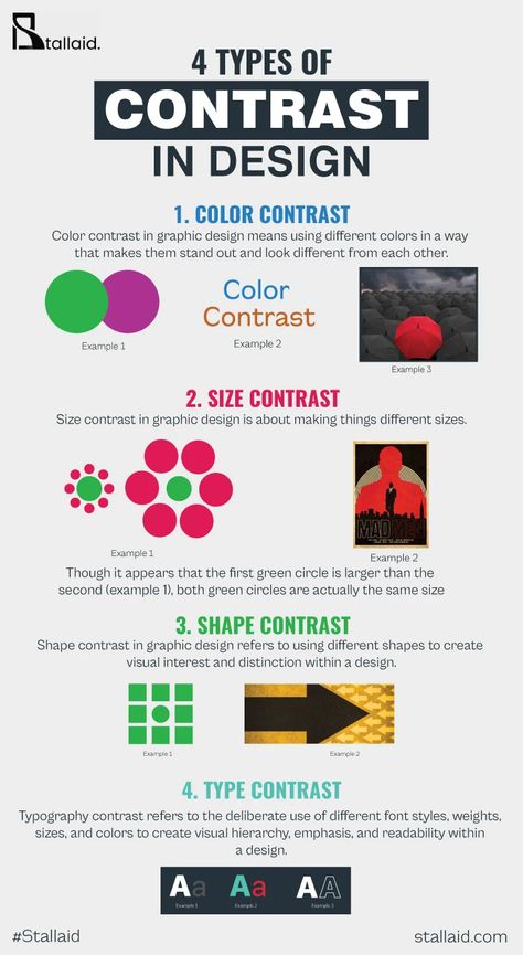 Graphic Design Contrast Examples, Size Contrast Graphic Design, Typography Contrast, Graphic Design Lesson Plans, Contrast In Design, Visual Composition, Graphic Design Collection, Creativity Inspiration, Visual Hierarchy