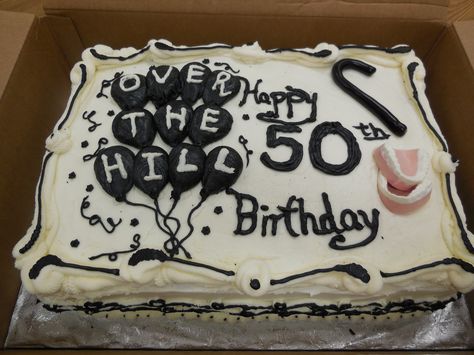 Over the Hill 50th birthday cake with false teeth, cane and balloons. Black and white cake. 2 layer 12x18 Red Velvet cake with Crusted Cream Cheese icing.  The teeth are made from chocolate mold. The cane is made out of dough. Funny 50th Birthday Cakes, 50th Birthday Cake Ideas, Birthday Cupcakes For Women, Over The Hill Cakes, 50th Birthday Cakes, Over The Hill Party, 50th Bday Ideas, Minion Birthday Cake, Funny 50th Birthday