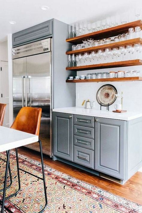 Fridge next to shelves Kitchen Ikea, Floating Shelves Kitchen, Shelves Ideas, Floating Shelves Bathroom, Shelving Design, Classic Kitchen, Kitchen Farmhouse, Rustic Kitchen Decor, Beach Condo