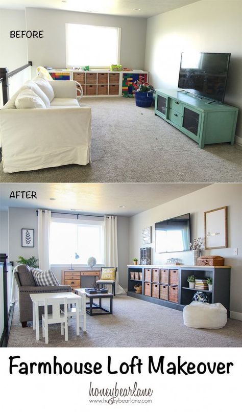 Farmhouse Loft Makeover @bhglivebetter #farmhousestyle #makeover #loft Loft Playroom Family Room, Upstairs Den Bonus Rooms, Loft Play Area Upstairs, Loft Arrangement Ideas, Loft Office And Playroom, Family Room Loft Ideas, Play And Tv Room Ideas, Movie Room And Playroom, Upstairs Loft Playroom Ideas