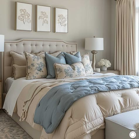 Romantic Blue Bedroom, Classic Blue Bedroom, Royal Bedroom Aesthetic, Boutique Bedroom Ideas, Blue And Beige Bedroom, Blue And Cream Bedroom, Bedroom Renovation Ideas, Ultimate Bedroom, Gorgeous Bed