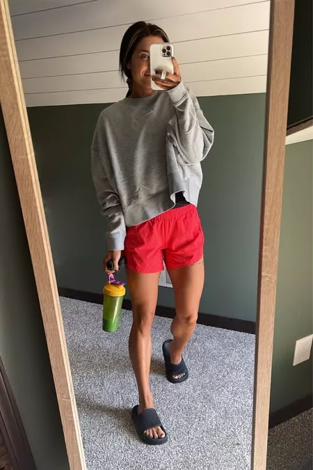 Track That Mid-Rise Lined Short 5" curated on LTK Red Running Shorts Outfit, Workout Shorts Outfit Casual, Red Athletic Shorts Outfit, Shorts Athleisure Outfit, Track Shorts Outfit, Sweatshirt And Shorts Outfit, Running Shorts Outfit, Summer Athletic Outfits, Red Shorts Outfit