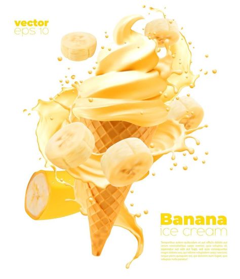 Isolated banana soft ice cream cone with splash Ice Cream Motion Graphics, Cream Poster, Soft Ice Cream, Ice Cream Poster, Ideas Habitaciones, Ad Banner, Vector Technology, Banana Ice Cream, Poster Drawing