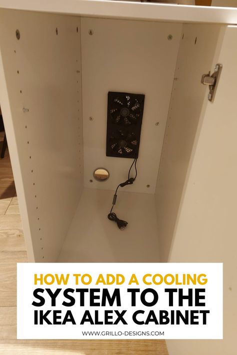 How To Add Cooling to a Computer in an Enclosed Cabinet. Hidden Computer Cabinet, How To Hide Computer Tower, Hide Pc Tower, Computer Tower Storage Ideas, Hide Computer Tower, Ikea Alex Hack, Electronics Cabinet, Router Cabinet, Computer Cabinet