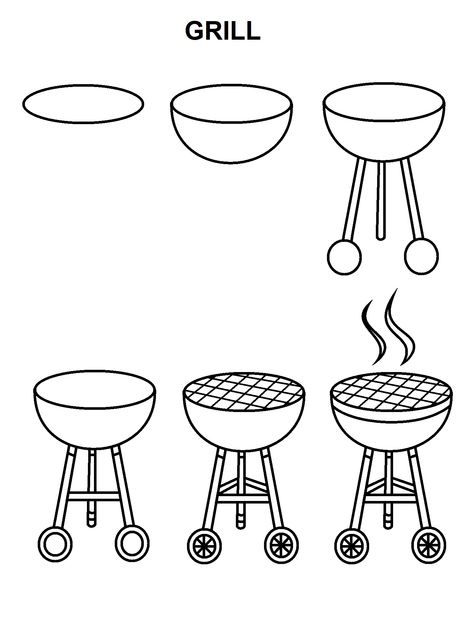 Step-by-step tutorial to draw a grill Barbecue Drawing, Bbq Doodle, Grill Drawing, Bbq Drawing, Grilling Art, Beer Drawing, Calendar Doodles, Homemade Recipe Books, Planner Doodles