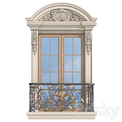 3d models: Facade element - Classic facade window with French balcony. Classic Forged Fence. Frame Window French Architecture Exterior, French Windows Exterior, Classic Facade Design, Delhi Cafe, French Facade, Facade Window, Cafe Floor, Baroque Interior Design, Classical Facade