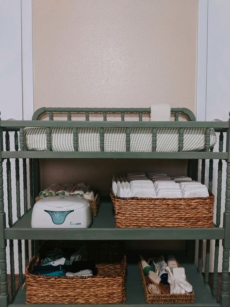 Boy Changing Table, Jenny Lind Changing Table, Junior Mint, Diy Changing Table, Green Chalk Paint, Changing Table Organization, Nursery Changing Table, Diaper Changing Table, Baby Changing Station