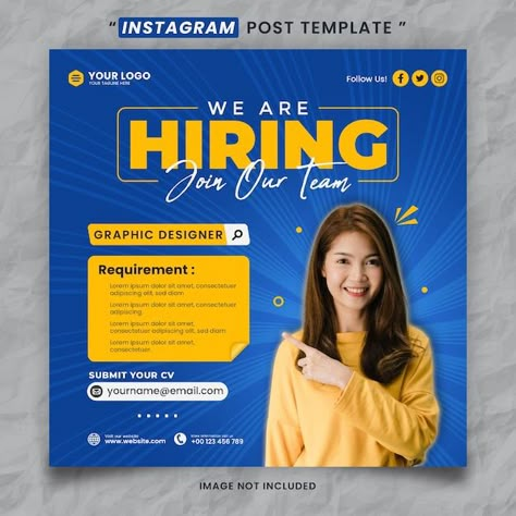 Job Advertisement Design Social Media, Now Hiring Graphic, Posters Templates Design, Recruitment Social Media Posts, We Are Hiring Social Media Post, Job Posting Design, Hiring Poster Design Ideas, Hiring Poster Creative, We Are Hiring Design