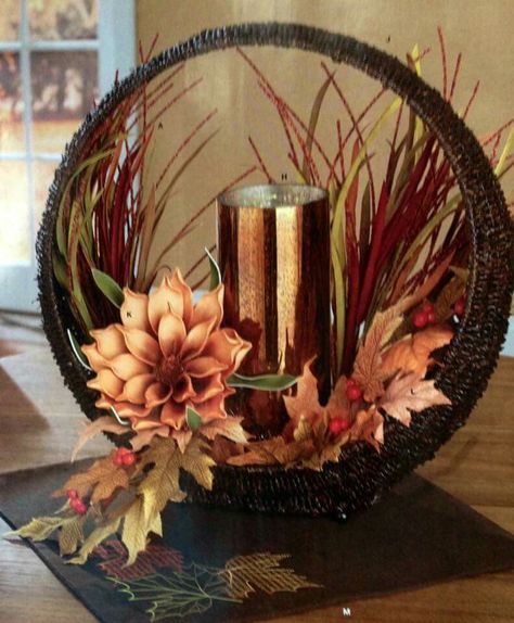 This Beautiful Fall Centerpiece will add just the perfect look for your Foyer Console, Kitchen or Dining Room Table.... Contact me through my website at: http//: www.signaturehomestyles.biz/ geriimbogno Basket Decor Ideas, Harvest Moon, Seasonal Home Decor, Fall Centerpiece, Fall Floral, Basket Decoration, Autumn Inspiration, Dining Room Table, Flower Arrangements