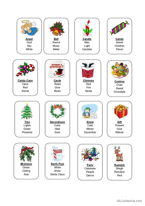 Review the vocabulary for Christmas before attempting to play the game. Good easy game to practice Christmas vocabulary for beginners. Good easy speaking practice. Taboo Cards, Taboo Game, Candy Cane Cards, Snow Gifts, Chocolate Tree, Christmas Lesson, Speaking Practice, English Activities, Work Activities