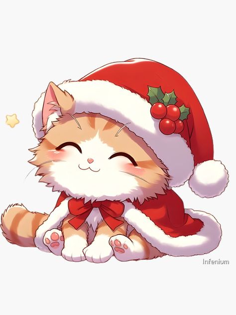 "Cute Little Christmas Cat" Sticker by Infenium Cute Christmas Cat Art, Christmas Cats Drawing, Cat Christmas Drawing, Christmas Aesthetic Stickers, Cartoon Art Christmas, Christmas Cat Drawing, Christmas Cat Pfp, Christmas Cat Art, Christmas Kawaii