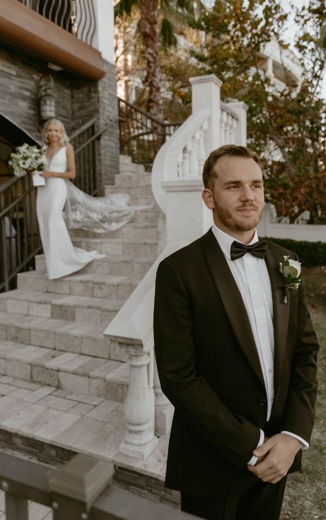 Bride and groom doing a first look, with bride coming down the staircase and groom with his back turned First Look With Groom, Bride First Look, Wedding Photo List, Bride And Groom First Look, Groom First Look, First Look Photos, Wedding First Look, Bride Groom Photos, Hotel Photos