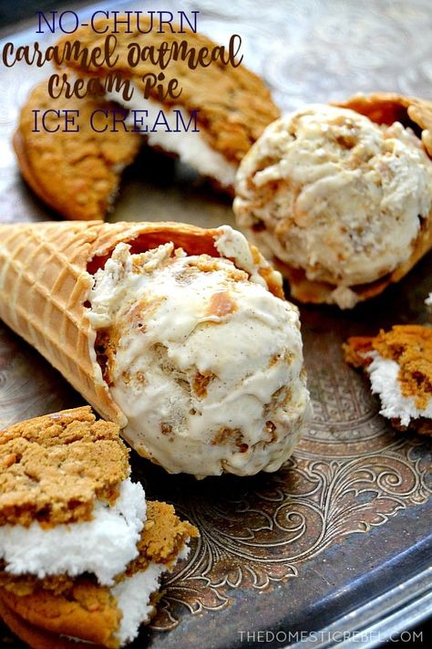 Caramel Oatmeal, Oatmeal Cream Pie, Sherbet Ice Cream, Pie Ice Cream, Oatmeal Cream Pies, Making Homemade Ice Cream, Oatmeal Cream, Homemade Ice Cream Recipes, No Churn Ice Cream