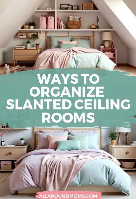 Loft Room Storage Ideas, High Ceiling Storage, Slanted Ceiling Office, Slanted Wall Storage, Attic Organization Ideas, Rooms With Slanted Ceilings, Room With Slanted Ceiling, Slanted Ceiling Closet, Stackable Plastic Storage Bins