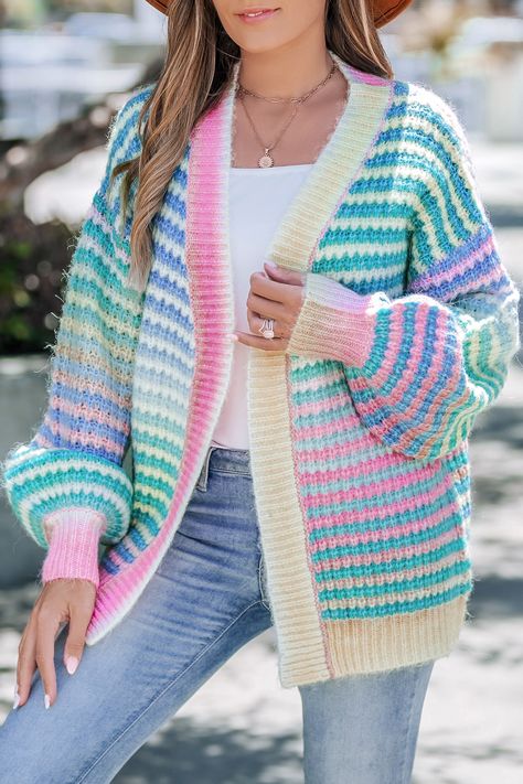 Rainbow Open Front Long Sleeve Cardigan Swimsuits Bikinis, Long Sleeve Knitted Cardigan, Cute Pants, Long Sleeve Knit Sweaters, Cardigan Pattern, Long Sleeve Knit Tops, Cardigan Fashion, Striped Cardigan, Sleeve Cardigan