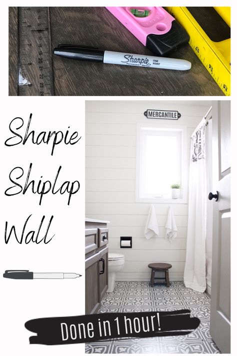 I gave my plain white bathroom walls an instant update with a black sharpie, and now it looks exactly like Shiplap!  Even my husband was duped!!  Head over to the blog to find out just how easy it is to transform any wall in your home with just a couple tools and a little bit of spare time:) Sharpie Accent Wall, Vinyl Shiplap Wall, Marker Shiplap Wall, Plain White Bathroom, 70s Farmhouse, Black Accent Wall Bathroom, Sharpie Shiplap Wall, Fake Shiplap, White Bathroom Walls