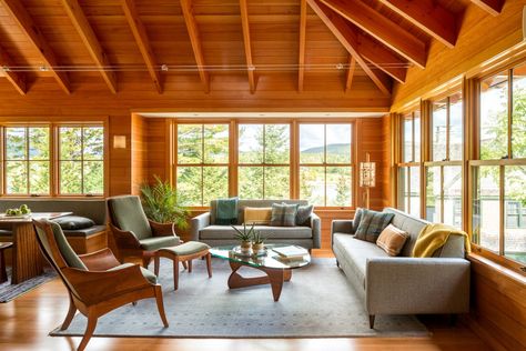 Winkelman Architecture | Maine Residential Architects specializing in custom homes, camps, cabins, cottages, boathouses Hip Ceiling, Yellow Cedar, Heart Of Stone, Residential Architect, Built In Seating, The Lake House, Guest Cottage, Stone Cottage, A Frame House