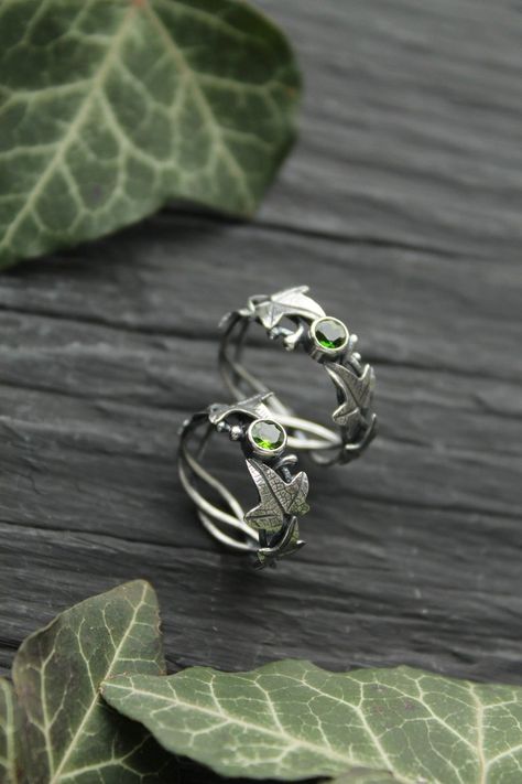 Custom order for David Ivy leaf ring wih chrome diopside 2 | Etsy Elvin Rings, Elven Jewelry Ring, Elven Engagement Ring Silver, Nature-inspired Silver Emerald Rings, Handmade Silver Elven Jewelry, Ivy Ring, Elven Ring, Leaf Rings, Nature Wedding Ring