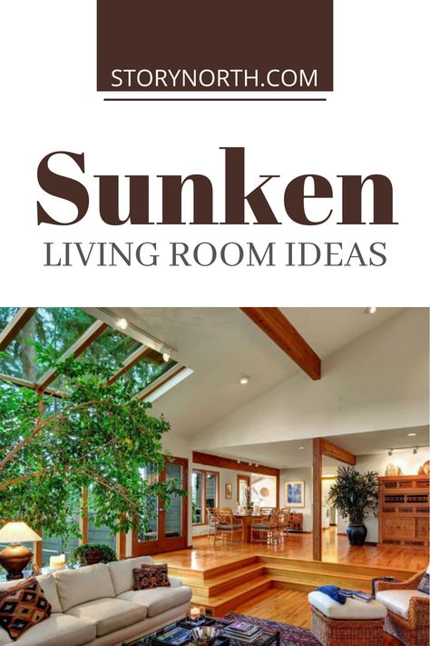 Sunken Living Room Small Spaces, Drop Floor Living Room, Sunken Room Ideas, Drop Down Floor Living Room, Sunken Floor Living Room, Sunk In Living Room Modern, Sunken Sunroom Off Kitchen, Sunroom Off Of Living Room, Mid Century Sunken Living Room