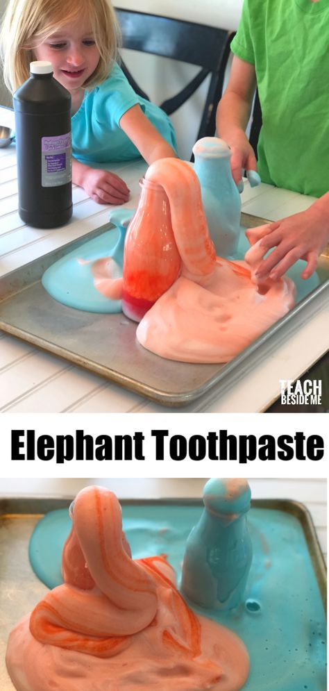 Elephant toothpaste experiment with hydrogen peroxide~ also called the fantastic foamy fountain.  This is such a fun science experiment for kids!  #scienceexperiment #experiment #elephanttoothpaste via @karyntripp Elephant Toothpaste Experiment, Vetenskapliga Experiment, Science Experiments Kids Preschool, Elephant Toothpaste, Science For Toddlers, Science Week, Science Camp, Preschool Science Activities, Summer Science