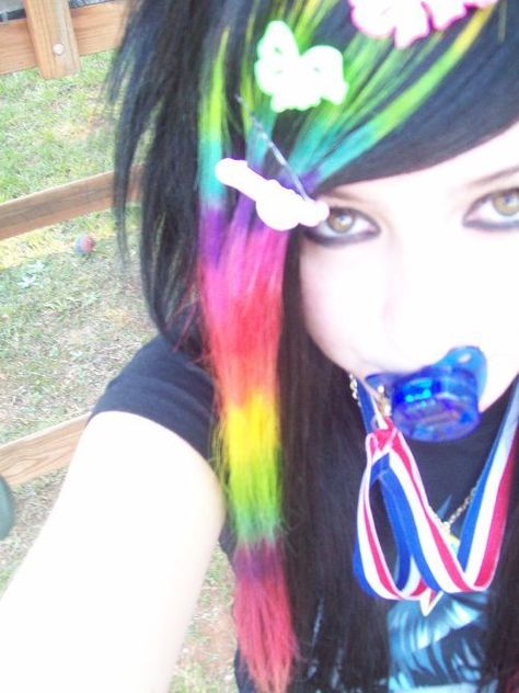 lil candy raver Emo Pacifier, Early 2000s Scene, Candy Raver, Fashion Genres, Raccoon Tail Hair, Scene Emo Aesthetic, Emo Scene Aesthetic, Paola Style, Raver Outfits