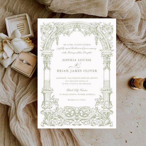 Vintage Arch Vines Ornament Frame Sage Elegant Editable Blank Template Italian Wedding Invitations, Baroque Border, Embossed Wedding Invitations, Vintage Italian Wedding, Wedding Graphics, Sage Wedding, Date Invitation, Wedding Anniversary Invitations, Sage Green Wedding