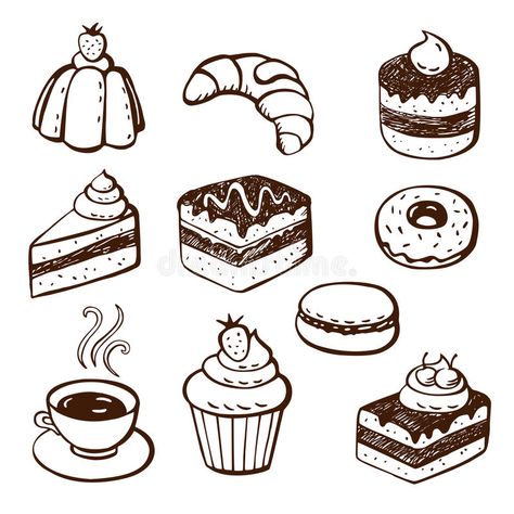 Bakery Doodles, In Home Bakery, Desserts Illustration, Cupcake Vintage, Doodle Cake, Bakery Icon, Doodle Illustrations, Desserts Drawing, Vintage Cupcake